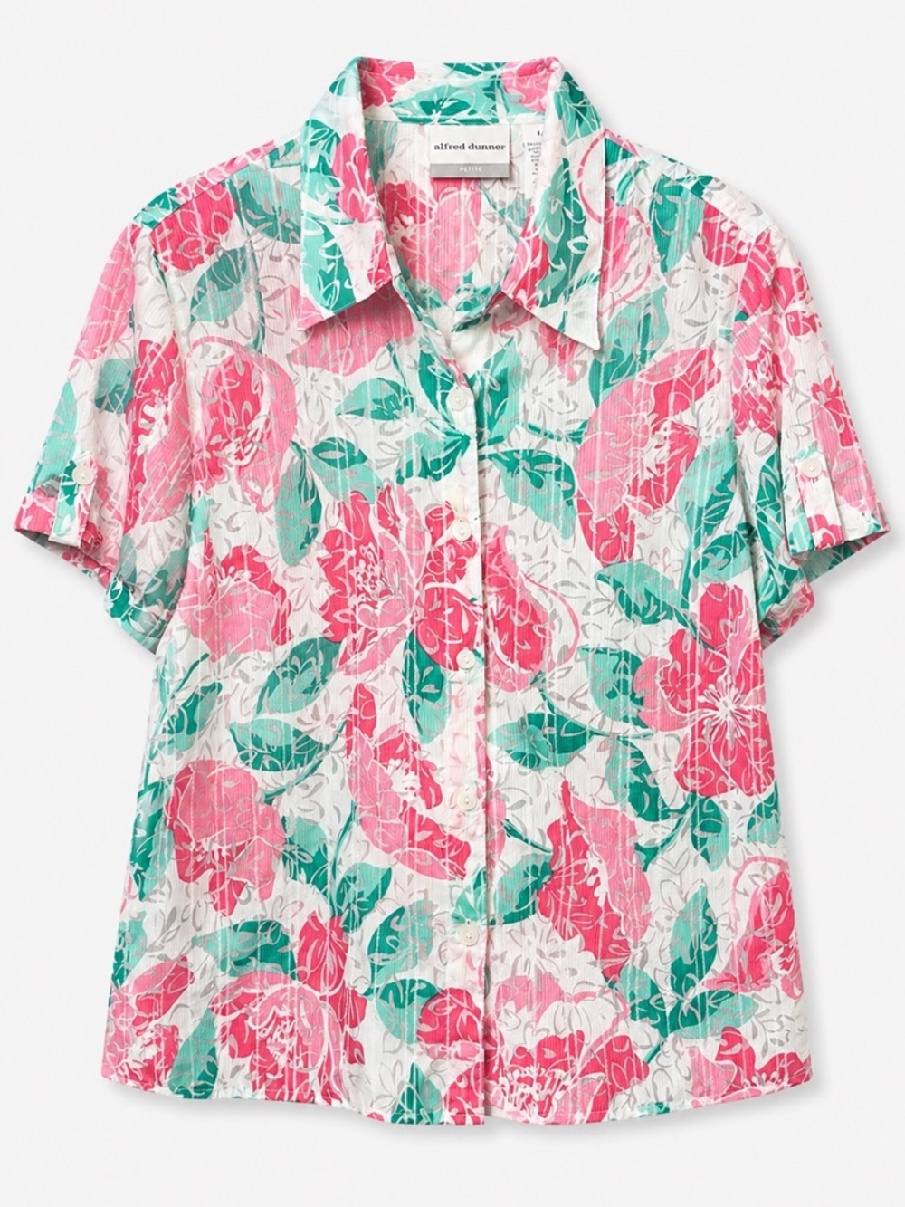 Alfred Dunner Pink & Teal Floral Hawaiian Seersucker Button Up Blouse (249)
